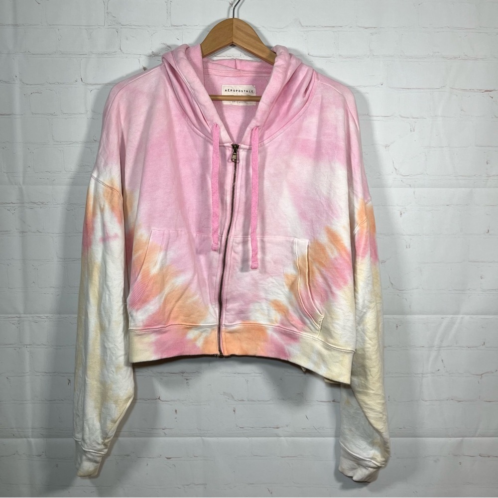 Aeropostale Tie Dye Cropped Full Zip Hoodie Sweatshirt Womens Size XXL Pink